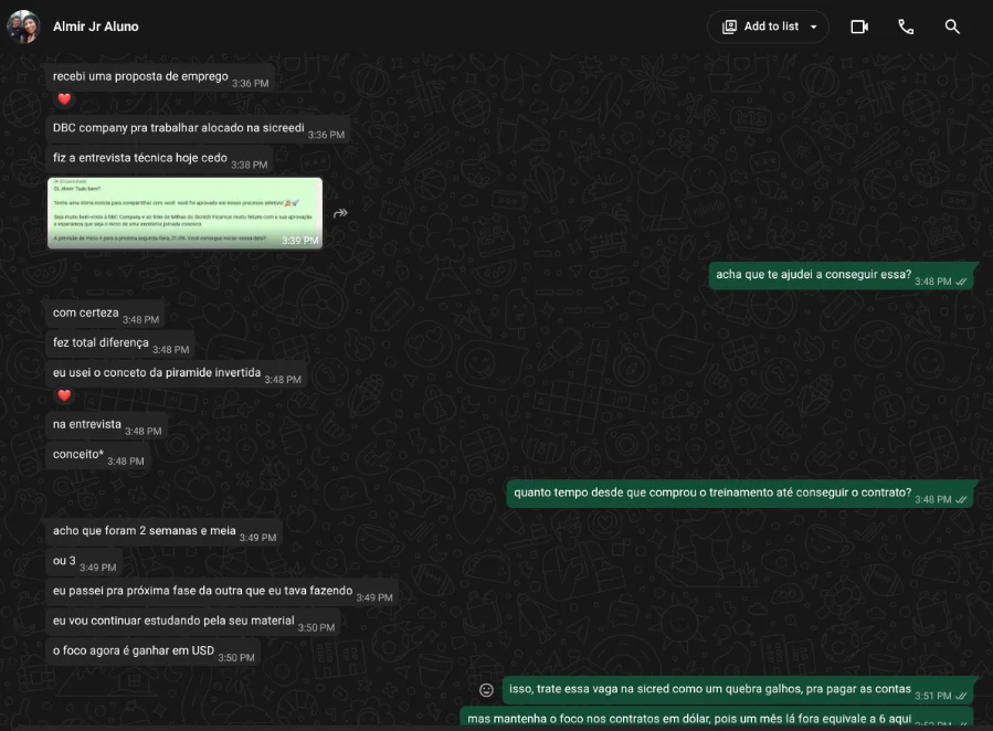 Print enviado por Almir Jr: Conversa no WhatsApp e encaminhamento formal de aprovação da DBC Company para o time de Milhas do Sicredi, confirmando o impacto do método da pirâmide