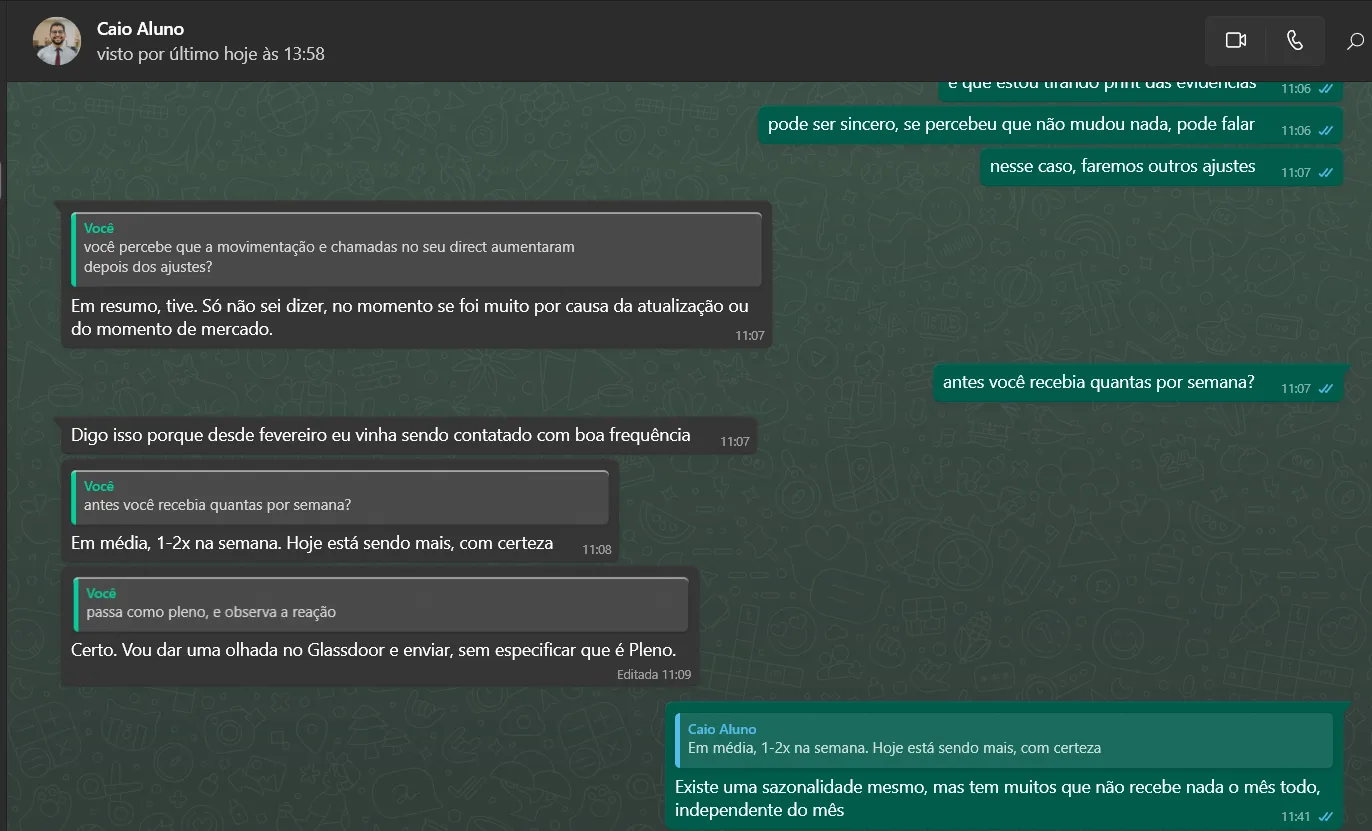 Print enviado por Caio: A comparação de frequência respondida por ele na conversa.
