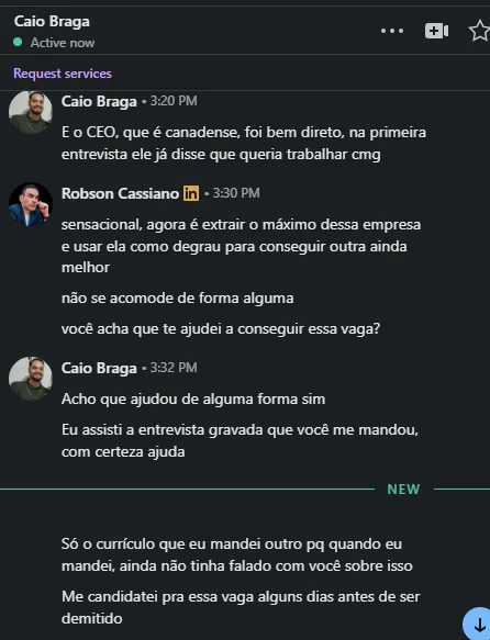 Print enviado por Caio Braga: A conversa em que ele relata a entrevista com o CEO e atribui parte do resultado ao estudo das entrevistas gravadas.