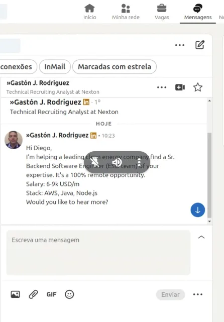 Print enviado por Diego Grassato: A caixa de entrada com as abordagens simultâneas e a mensagem da Nexton com a faixa salarial em dólar.