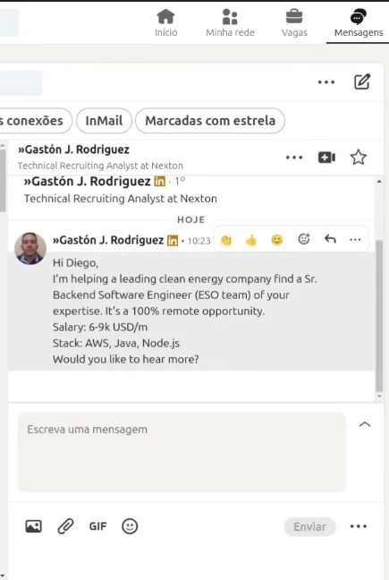 Print enviado por Diego Grassato: A caixa de entrada com as abordagens simultâneas e a mensagem da Nexton com a faixa salarial em dólar.