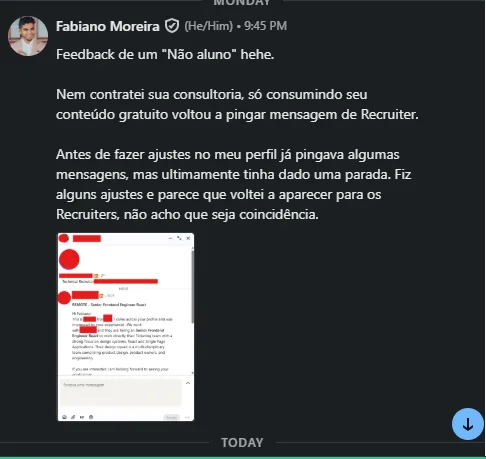 Print enviado por Fabiano Moreira: O feedback enviado por mensagem, com o print do recrutador já censurado por ele.