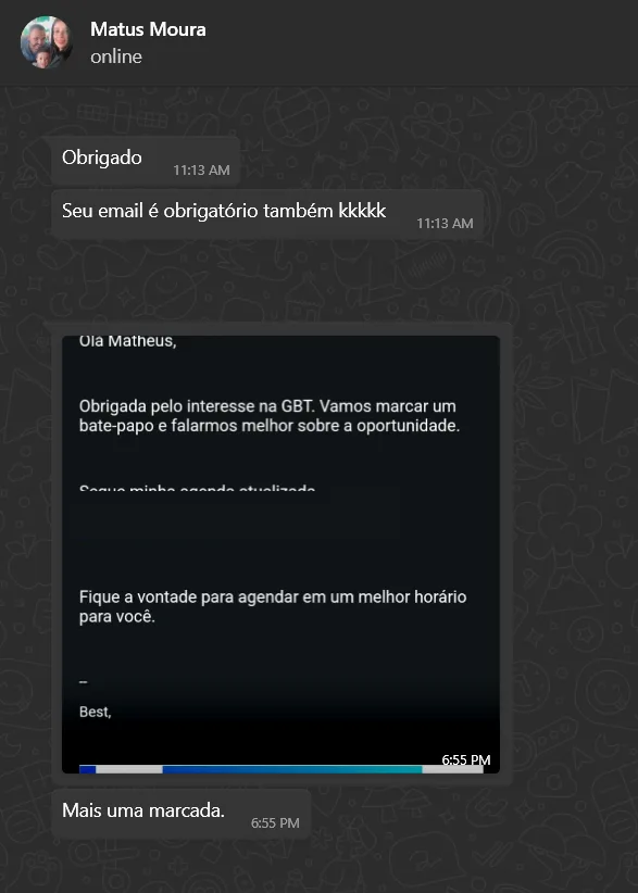 Print enviado por Matus Moura: A frase em que ele compara o antes e o depois, e o e-mail de recrutadora marcando a conversa.